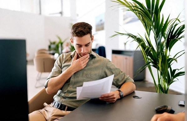 فردی در حال بررسی انواع خرید بر اساس ساختار سازمانی ااز روی کاغذ و بررسی وضعیت