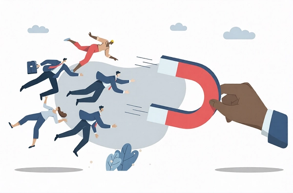 تصویری انتزاعی از یک فرد که دارد با آهنربا یک سری کارمند را به خود جذب می کند می تواند نشان دهنده اثر منابع انسانی در برندکارفرمایی