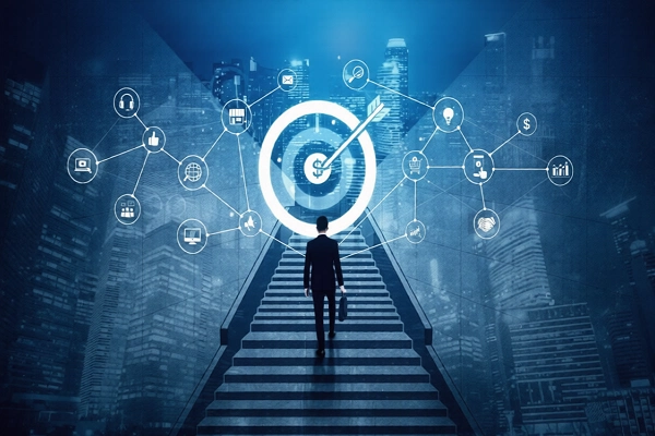 تصویری ااز فردی در حال بالا رفتن از پله روبرویش تعداد زیادی ایکون در مورد شاخص های برند کارفرماییی وجود دارد و در وسط راهرو تیری که به هدف خورده است