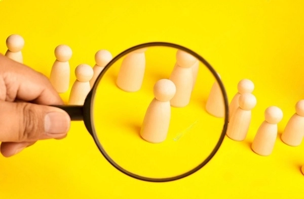 فردی با ذربین در حال شناسایی افراد متناسب با برند کارفرمایی خود است