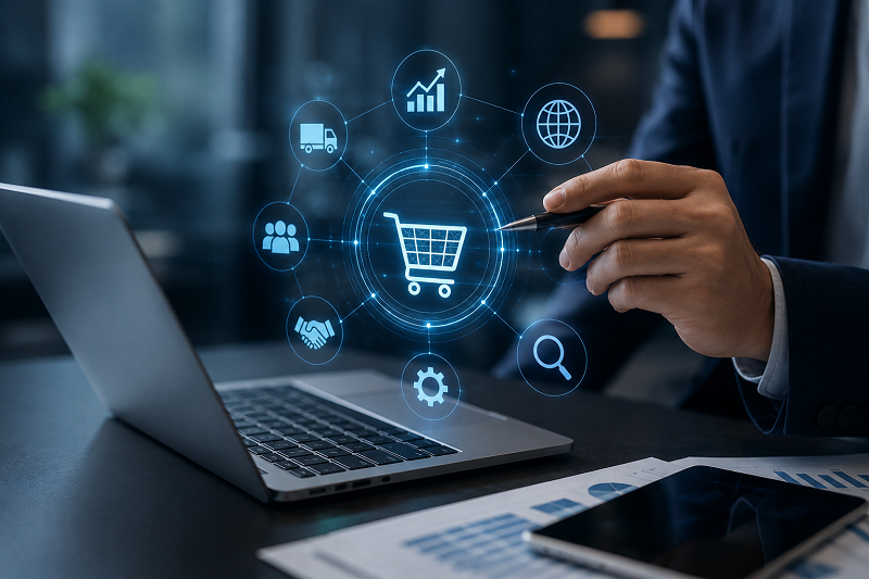 یجیتال تجارت الکترونیک B2B با نمایش تحلیل دادهها، فروش آنلاین و ابزارهای بازاریابی در محیط کاری مدرن